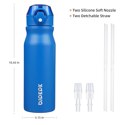 Image of BJPKPK 25 oz Insulated Water Bottle, Straw, Handle, Stainless Steel Flask | Leak Proof Locking Lid, Thermal, Double Wall Vacuum, Keeps Hot /Cold, BPA Free, Dishwasher Safe, Travel & Sports, Blue