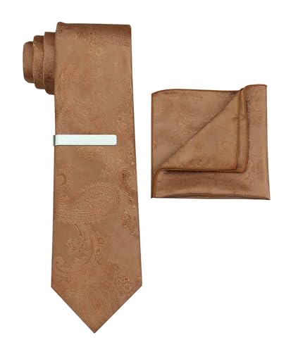 Entwineno Mens Satin Paisley Tie Set : Necktie and Pocket Square - Wedding Groomsmen Groom (Copper Slim Tie)