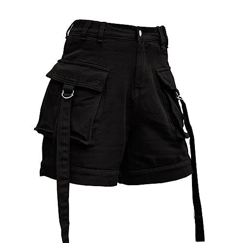 SECN Denim Cargo Pants Casual Pocket Shorts Elastic Waist Women Shorts (US, Alpha, Large, Regular, Regular, Black)
