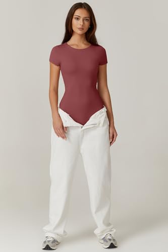 Image of QINSEN Women's Crew Neck Short Sleeve Bodysuit Double Lined Body Suits Basic T-shirt Tops
