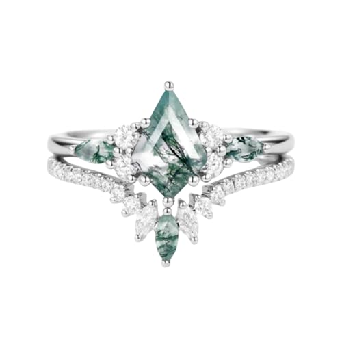 Natural Moss Agate Engagement Ring Set for Women 1.5 CT Kite Cut Vintage Wedding Ring Set 925 Sterling Silver 10K 14K 18K Gold