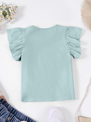 Image of Girls' Summer Shirts Cute Tops Ruffle Sleeve Crew Neck Casual Tees Green 6-7Y