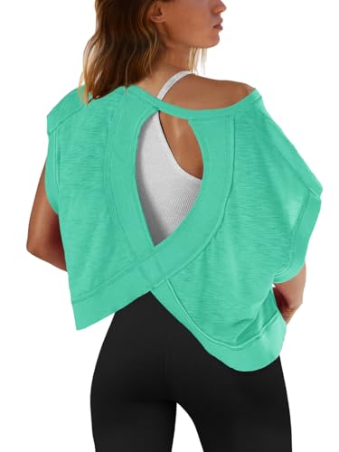 Image of SENSERISE Womens Open Back Workout Tops Backless Short Sleeve Athletic Shirt Running Crop Top Gym Yoga Tee