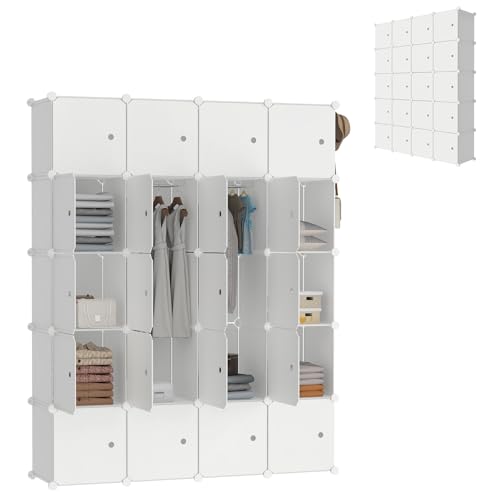 LZQ Armoire polyvalente DIY, système de rangement en plastique, placard de chambre avec porte, étagère à emboîter anti-poussière avec 20 cubes et tringle à...
