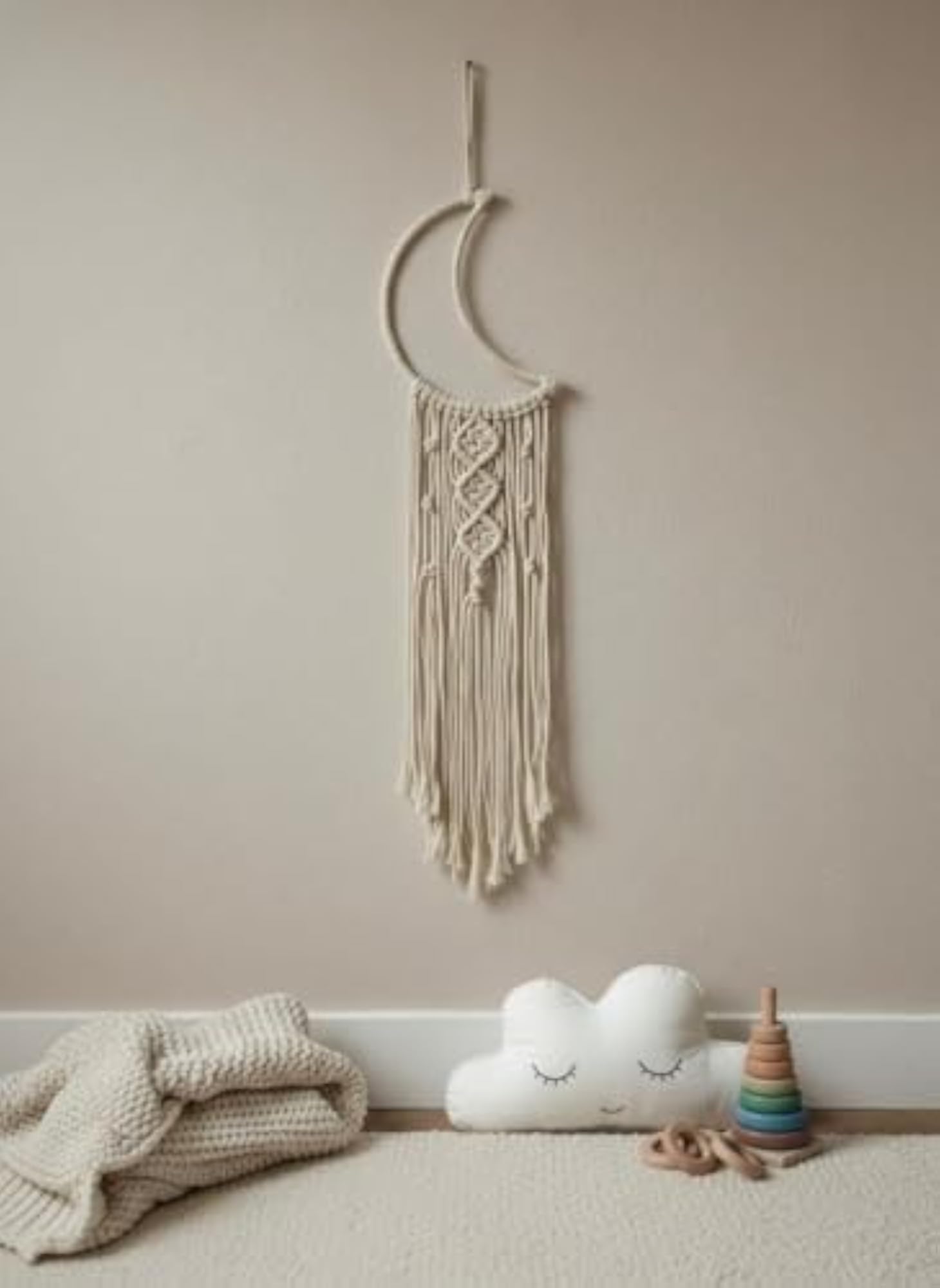 Handmade Macrame Moon Dreamcatcher Wall Hanging, Off White Decor