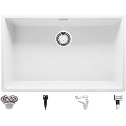 Fregadero Farmhouse Fregadero bajo Encimera 76 x 47 cm, Fregadero Granito Un Seno + Sifón Automático, Fregadero Cocina London 80 de Primagran, Blanco