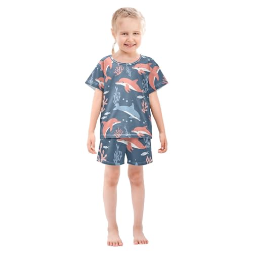 ALAZA Dolphin Coral Reef Cartoon Blue Pajamas Short Sleeve 2 Piece Sleepwear Top and Bottom Pajama Set Unisex3