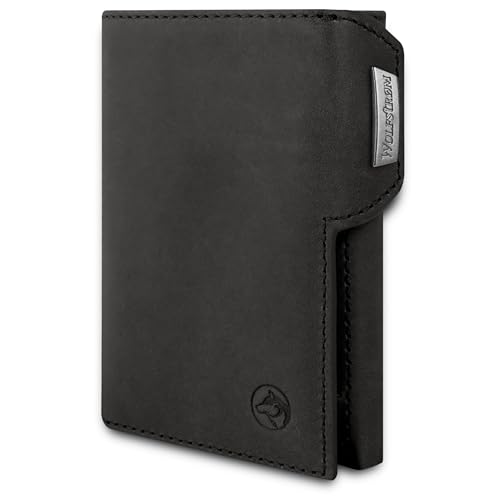 Wolfstrøm Slim Wallet 'Svente' 11 Karten Mini Geldbörse Herren klein mit Münzfach, RFID Blocker Damen und Herren Portemonnaie Credit Card Holder Geldbeutel – Vintage Black