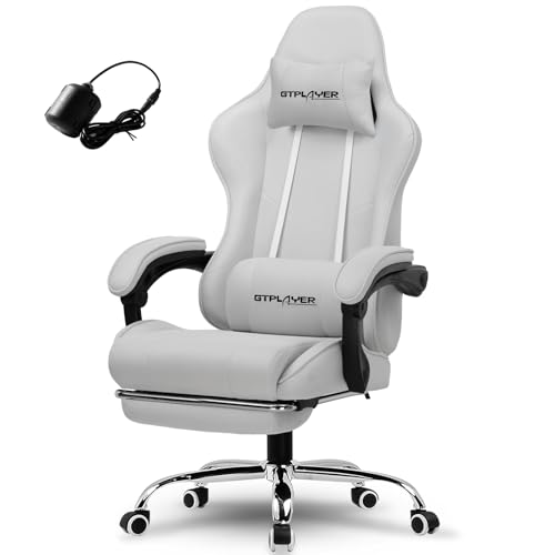 GTPLAYER Gaming Chair with Footrest, Computer Chair with and Lumbar Support, Height Adjustable Game Chair with 360°-Swivel Seat and Headrest and for Office or Gaming (All Light Gray-Fabric)