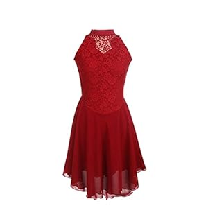 Meisje stijlvolle kunstschaatsjurk, mouwloze kanten jurk ronde hals holle rug jurken schaatsen ballroom danskleding rood FiveShops