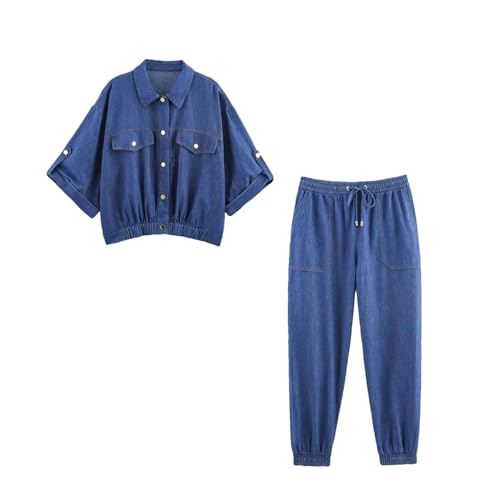 Women's Summer 2 Piece Set Lapel Half-Sleeved Waist Top with Drawstring Pants Suit