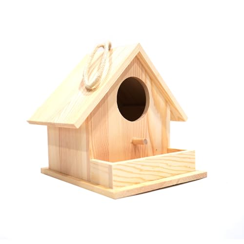 Wooden Birdhouse Outdoor Hanging Nest Box Natural Wood Bird Shelter with Perch Weatherproof Garden Balcony Decoration 15x17x17cm