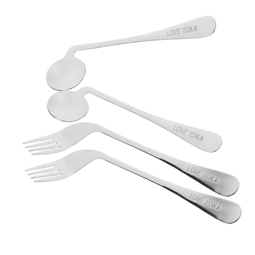 POPETPOP 高齢者用斜めスプーンフォーク 軽量ステンレス製 滑りにくいハンドル 介護食事補助 自助??補助具 握りやすく耐久性あり