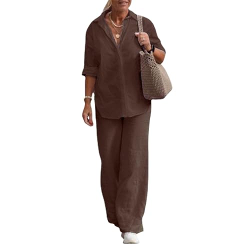 Women's Plus Size Linen Two Piece Outfits Long Sleeve Button Down Shirt Lounge Sets Loose Long Pants Tracksuits