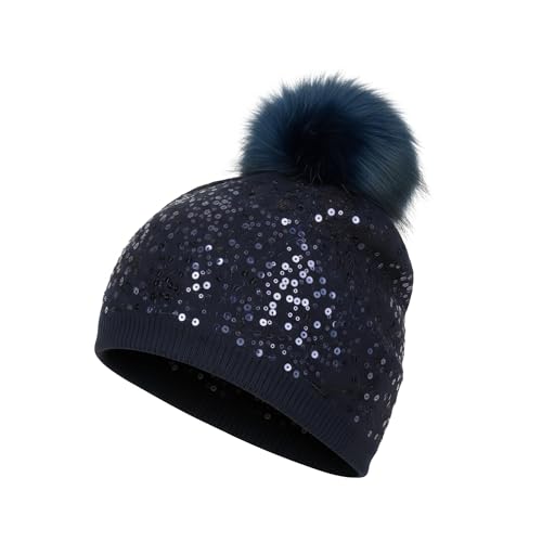 styleBREAKER Feinstrick Bommelmütze mit Pailletten und abnehmbarem Kunstfell Bommel, Fellbommel Mütze, Damen 04024134, Farbe:Dunkelblau