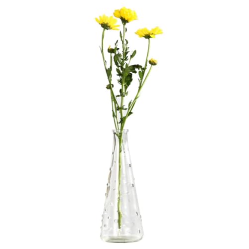 Sanyangboli Jarrón pequeño de cristal transparente sin tallo, patrón de gotas de lluvia, altura 18,5 cm, diámetro 7 cm, perfecto para dormitorio, baño, decoración de sala de estar