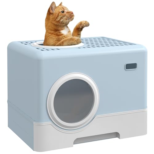PawHut Cat Litter Tray with Hood, Cat Litter Box with Front Entry, Top Exit, Drawer, Tray, Scoop, 38.5H x 52L x 41Wcm - Blue