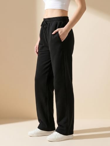 Image of BLINKIN Women's Wide Leg Track Pants | High Waist Cotton Lowers with Side Pockets | Full Length Activewear for Gym, Yoga, Workout & Dance (trk-519)