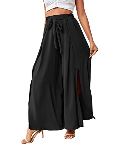 LYANER Women's Tie Front High Waist Side Split Slit Flowy Wide Leg Pleated Pant with Belt4