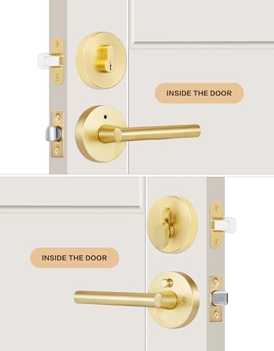 Image of Lethato Gold Door Handle and Deadbolt Set, Heavy Duty Front Door Lock Set, Exterior Door Lever Single Keyed Round Deadbolt Lock (2 Pack)