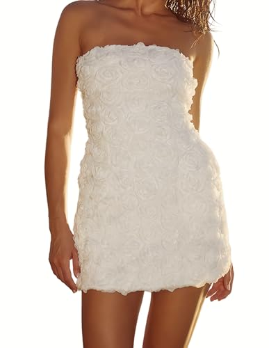 Image of Womens Strapless Mini Dress Sexy Short Bodycon Off Shoulder Stretchy 3D Floral Appliques Tube Top Cocktail Party Dress