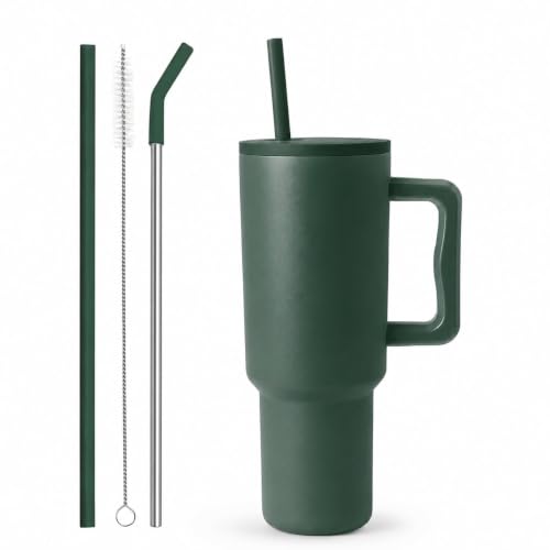 Image of Stainless Steel Tumbler with Lid and Straw 1200ml, Hot and Cold Double Insulated Sipper Mug, 100% Leak Proof Coffee Tumbler Cupholder for Office, Gym, Travelling (Dark Green-Steel Straw)
