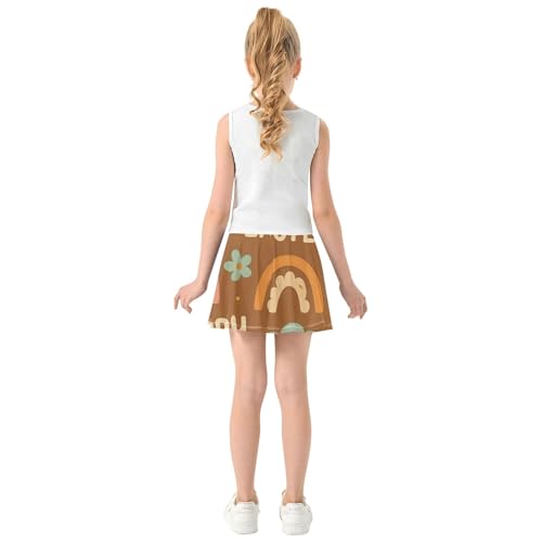 Cute Rainbow Flowers Brown Athletic Shorts Girls Skorts Toddlers Tennis Skirts Summer Pleated 3t4