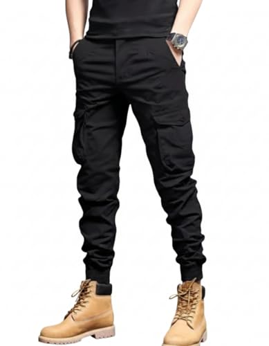 Image of Men's Slim Fit Cargo Joggers - Tactical Utility Track Pants with Multi-Pockets, Elastic Waistband & Cuffed Ankle, Black