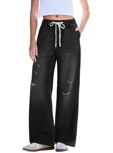 Dokotoo Wide Leg Jeans for Women Casual Trendy Mid Rise Stretchy Straight Leg Ripped Baggy Pants Black Jeans Womens Drawstring Denim Pants with Pockets