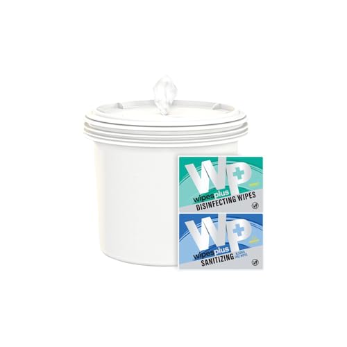 WIPESPLUS Round Buckets, Empty Bucket for Wipes Refill, Refillable Wipes System with Labels for Gyms, Restaurants and Retail, (Pack of 2)