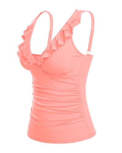 Image of Ruffle V Neck Tankini Top Only Women Tummy Control Swimsuit Tank Top | Removable cups for custom bust lift, Blend soft spandex to stretch easily