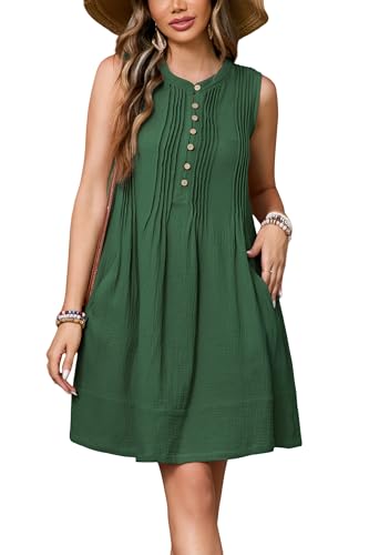 Image of R.Vivimos Sleeveless Cotton Casual Dresses for Women Summer 2026 Button Up Ruched Loose Tunic Mini Dress with Pockets