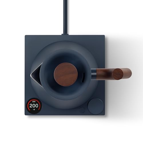 Image of Fellow Corvo EKG Pro Gooseneck Electric Tea Kettle for Pour Over Coffee | Precise Temp Control, Stainless Steel, Quick Heating, Brew Timer, Scheduling, 0.9 Liter, Stone Blue, Walnut Handle