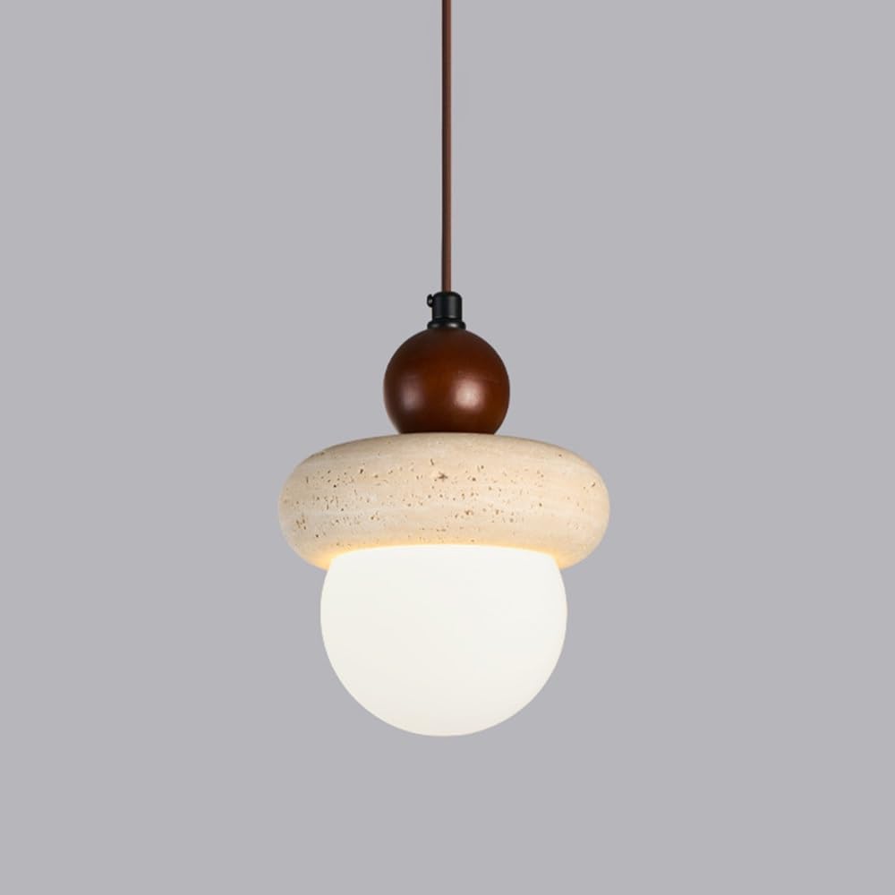 Gelbe Travertin-Pendelleuchte, 5,9" Wabi Sabi Pendelleuchte mit kugelförmigem Glaslampenschirm, Hängelampe aus Naturstein und Holz for Kücheninsel, Schlafzimmer, Wohnzimmer, Esszimmer