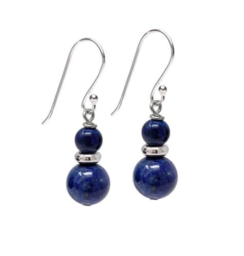 Image of TreasureBay Handmade Women's Natural Gemstone Double Beads and Sterling Silver Dangle Drop Earrings | Gift for Women, Girls (Lapis Lazuli)