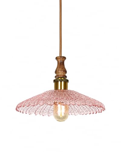 Image of Homesake Botanica Pendant Lamp | Petal Scalloped Glass Hanging Light with Solid Wood Top | Vintage European Ceiling Fixture, Pendant Light for Home Decor, Hallway, Kitchen & Balcony, (Ripple, Pink)