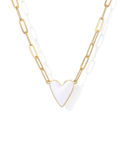 PAVOI 14K Gold Plated Heart Enamel Pendant Necklace for Women | Love Paperclip Chain Necklaces | Blue Pink Purple White Enamel Heart Pendants