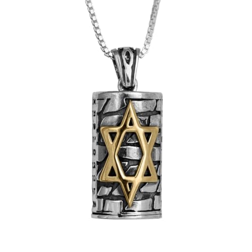 TerraSantaStore Kabbalah Mezuzah w/Star of David Ana Be-Koach Prayer Pendant Necklace Amulet for Women Men Sterling Silver & 9K Gold Jewelry Jewish Gift Jerusalem Kotel 1.12