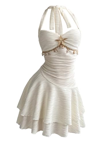 BEAUDRM Women's Starfish Mini Dress Ruffle Halter Summer Vacation Outfits