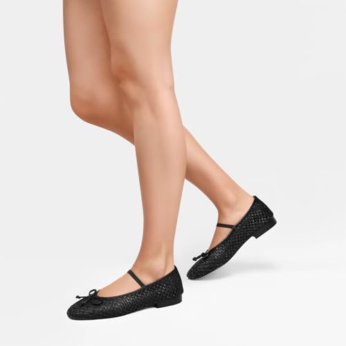 Mesh Ballet Flats for Women Woven Raffia Round Toe with Bow Ballerina Flats Mary Jane Slip On Ladies Casual Strap Dress Shoes2