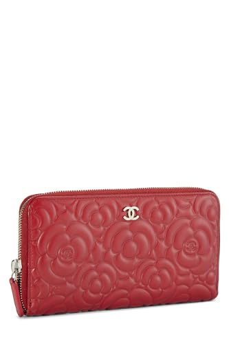 Pre-Loved Red Embossed Camellia Leather Zip Around Wallet, Red2