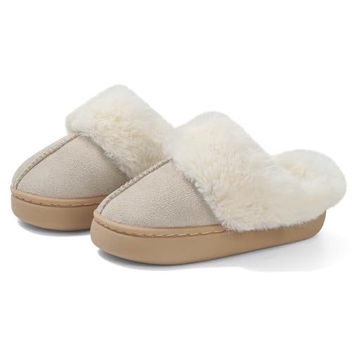 LACOFIA Boys' Girls' Slippers Kids Fluffy Slippers Non-Slip Comfy Children Winter House Shoes Warm Indoor Sliders Beige 13/13.5 - Image 6
