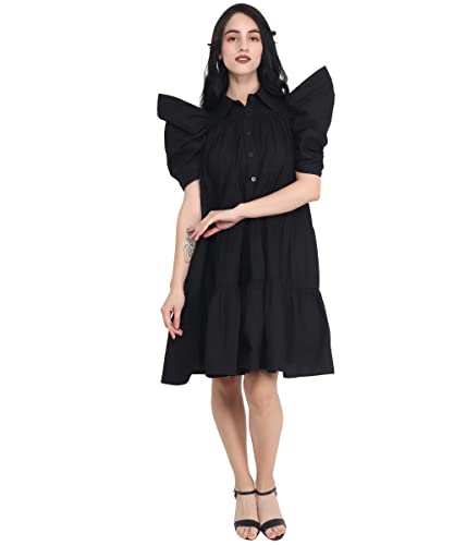 Image of Women's Power Shoulder Dress Plain Cotton Blend Western Dress