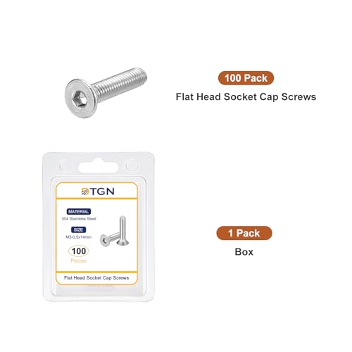 Image of DTGN M3-0.5 x 14mm Flat Head Socket Cap Screws, 100 Pack 304 Stainless Steel Hex Socket Flat Head Screws, Full Thread, Countersunk Bolts