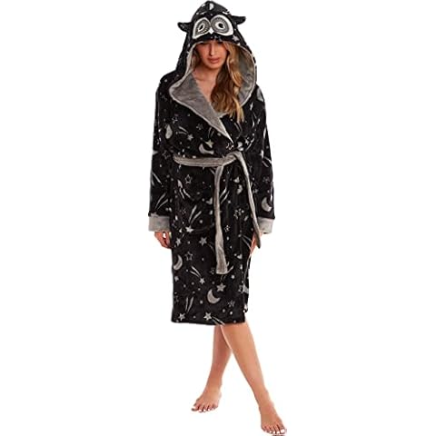 KATE MORGAN Ladies Soft & Cosy Hooded Dressing Gown (Small, Owl/Black) Cover
