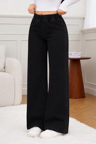 Image of ADBUCKS Women's Stretch Denim Wide Leg Jeans Comfort Fit with Elastic Waistband, Straight Cut, Casual Style for All Seasons, Versatile Clothing