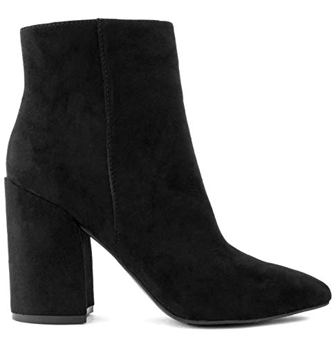 Sugar Women's Winter Chelsea Booties - Chunky High Heel, Pointed Toe, Fashion Ankle Boots-Evvie-Black Micro-82