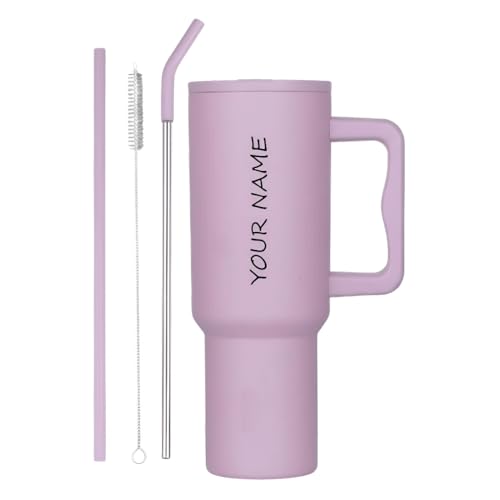 Image of Personalised with Your Name, 1200ml Tumbler with Straw-Handle-Stainless Steel Double Wall Insulated Cup | Leakproof Sipper Mug for Hot-Cold Drinks |Coffee - WaterTumbler(Purple Personalised)