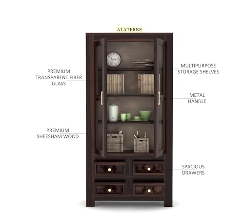 Image of Wood Book Shelf with Glass Door, Wooden Bookshelf for Home Library, Kitchen Crockery Cabinet, Study Room Furniture, Books Rack, Bookcases, Walnut Finish