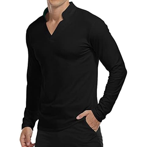 Amazon Brand - Hikaro Men's Casual Polo Shirts V Neck Slim Fit Henley Shirt Golf Tennis Basic Long Sleeve Tee Top Black-Medium Cover